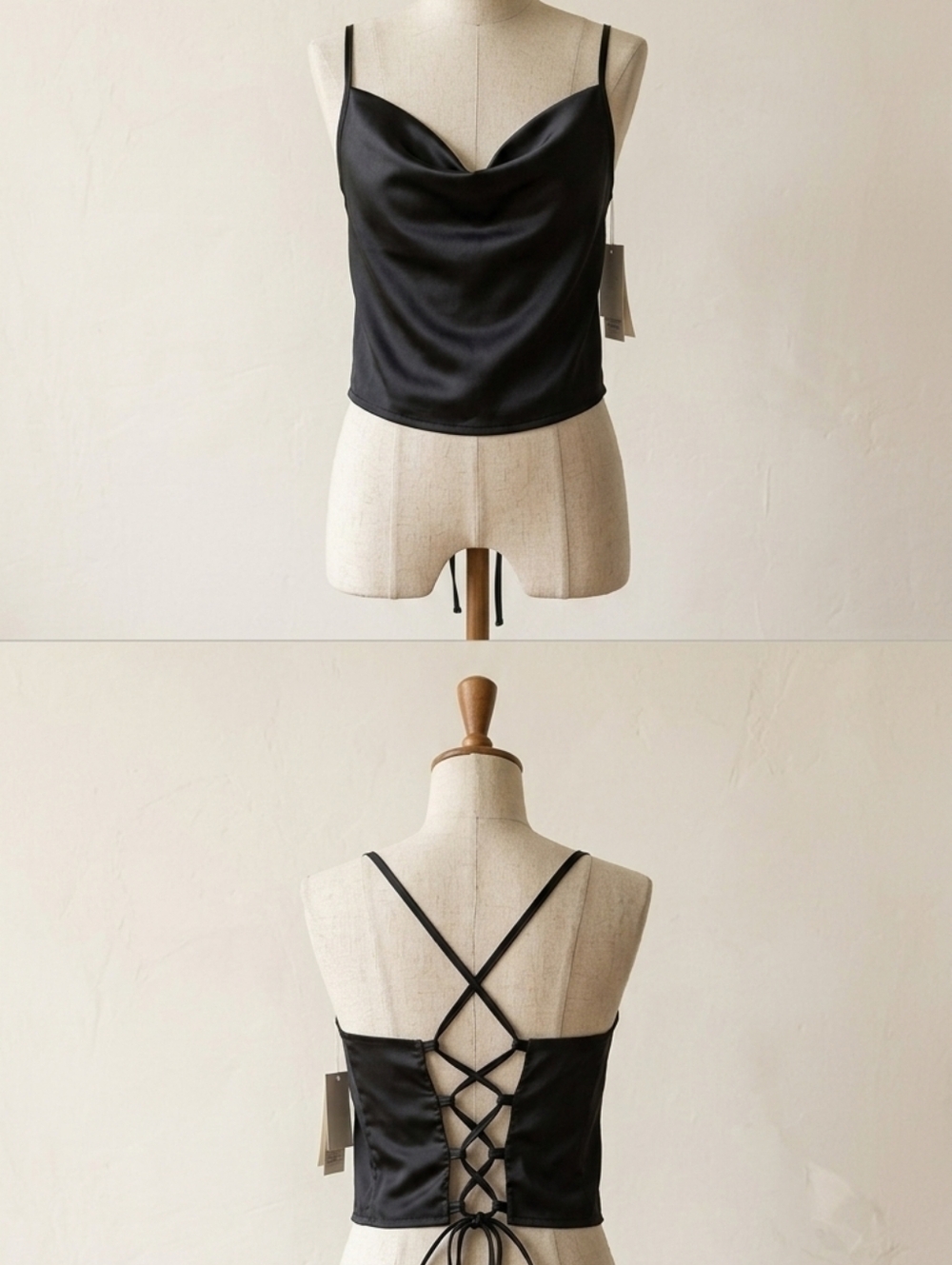 Black Satin Cowl Neck Lace-Up Back Crop Tank Top